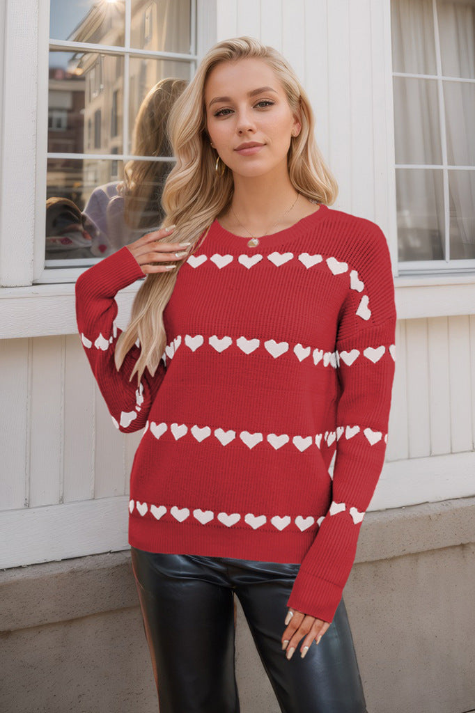 Heart Print Knit Sweater Women Crew Neck Striped