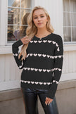 Heart Print Knit Sweater Women Crew Neck Striped