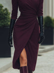 Deep burgundy FJØRNA draped wrap midi dress, summer business dress with elegant, flowing fabric and sophisticated style.