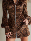 FJØRNA velvet leopard print mini dress, stylish evening dress with long sleeves and fitted silhouette, perfect for night outings.