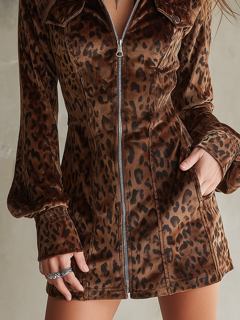 FJØRNA velvet leopard print mini dress, stylish evening dress with long sleeves and fitted silhouette, perfect for night outings.