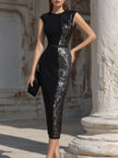 FJØRNA sculpted sleeveless contrast panel midi dress, stylish cocktail dress with fitted silhouette and modern design.