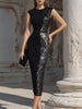 FJØRNA sculpted sleeveless contrast panel midi dress, stylish cocktail dress with fitted silhouette and modern design.