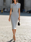 Light grey FJØRNA Peter Pan collar bodycon midi dress featuring a summer-ready design with a fitted silhouette and elegant style.