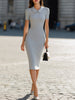 Light grey FJØRNA Peter Pan collar bodycon midi dress featuring a summer-ready design with a fitted silhouette and elegant style.
