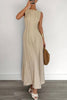FJØRNA solid color round neck sleeveless pleated maxi dress with casual elegance, suitable for casual or wedding occasions.