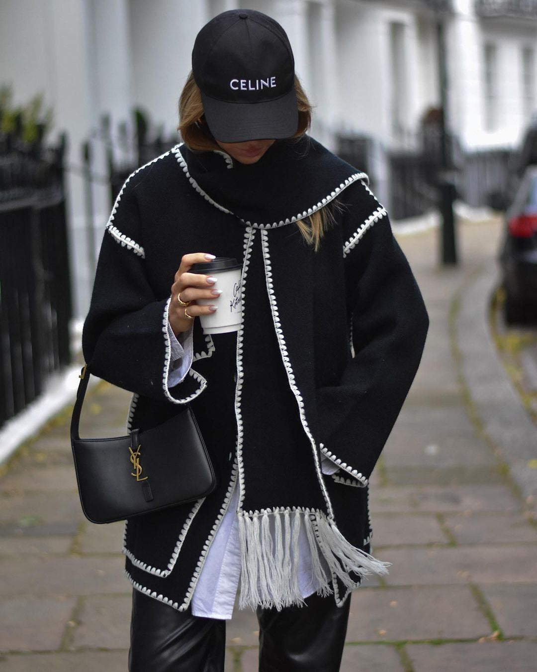 Cape Coat Open Front Fringe Hem Contrast Trim Oversized Poncho Wrap | Fenna