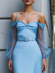 Light blue off-shoulder mesh-sleeve midi dress by FJØRNA, perfect wedding guest dress, featuring elegant fit and stylish design.