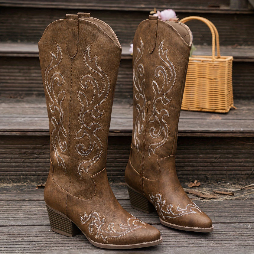 Cowboy Boots Embroidered Knee High Block Heel Pointed Toe Western Boots | Nanna