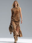 FJØRNA women's leopard print sleeveless vest and velvet split-hem skirt set, stylish 3D design for modern fashion looks.