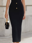 FJØRNA black halter-neck cutout bodycon midi dress, stylish cocktail dress with fitted silhouette and elegant design.
