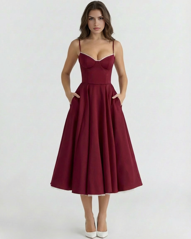 FJØRNA women's corset midi dress with a tulle skirt, featuring a fitted bodice and flowing layered tulle fabric.