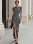 FJØRNA grey ruched maxi dress for women, flowing fabric with gathered details, perfect for casual and summer wear.