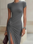 Grey FJØRNA ruched maxi dress for women, flowing fabric with gathered details, full-length style perfect for elegant occasions.