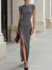Grey FJØRNA ruched maxi dress for women, featuring a flowing design and elegant ruching detail.