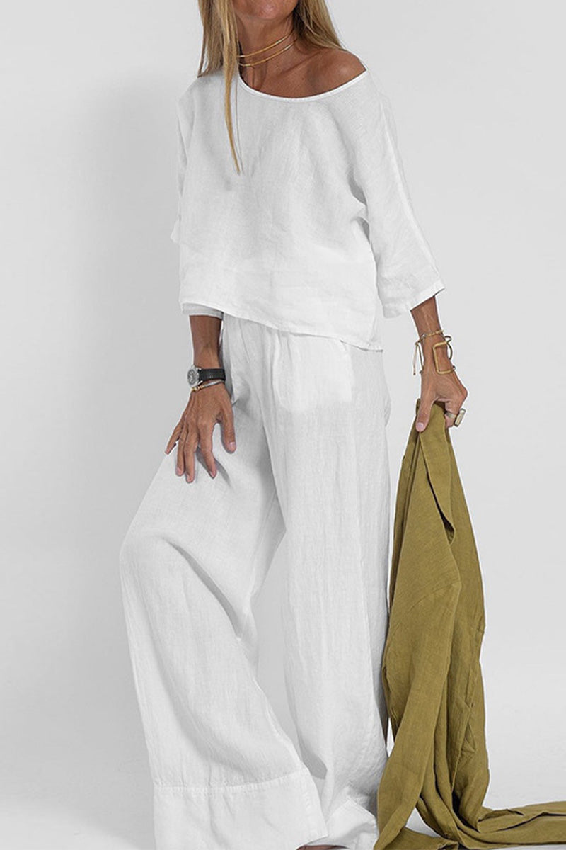 FJØRNA women's summer two-piece linen co-ord set with pockets, casual and breathable for warm weather wear.