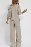 FJØRNA women's summer two-piece linen co-ord set with pockets, casual stylish ensemble for warm weather, front view.