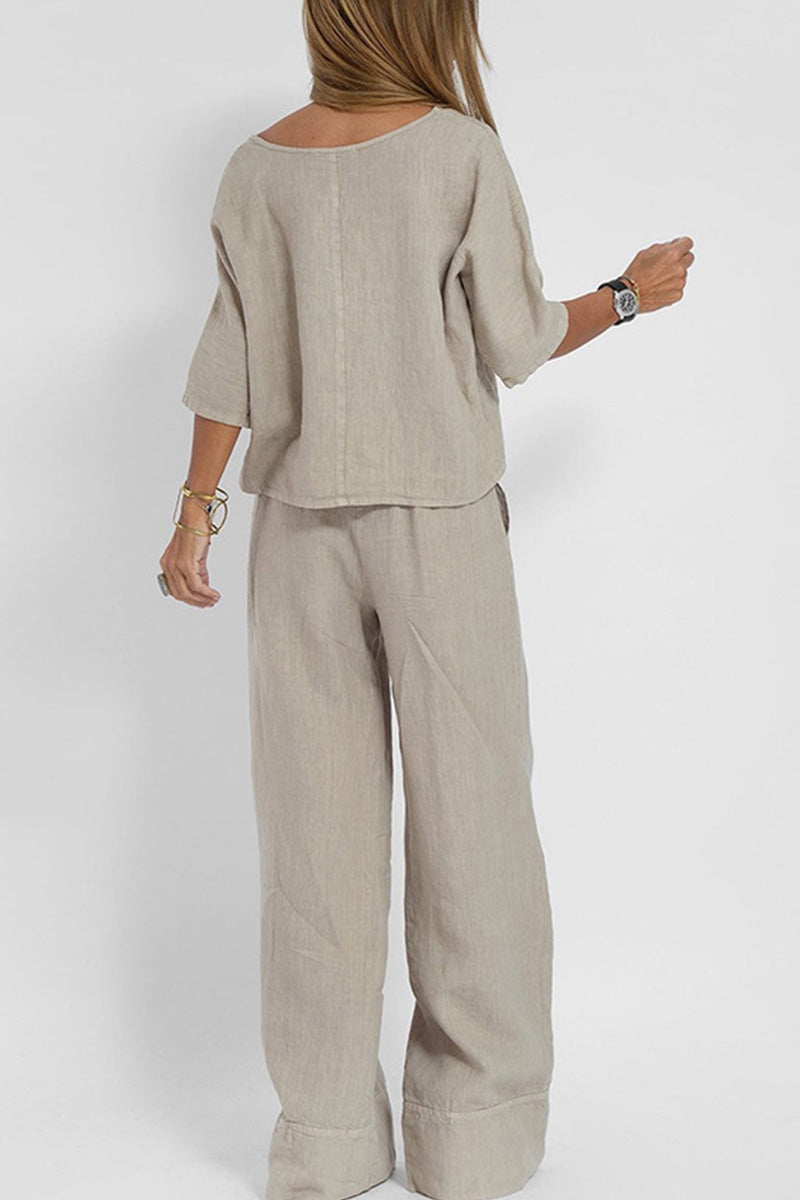 FJØRNA women's summer two-piece linen co-ord set with pockets, casual stylish ensemble for warm weather, front view.