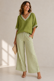 Two-Piece Set Women V-Neck Three-Quarter Sleeve Striped