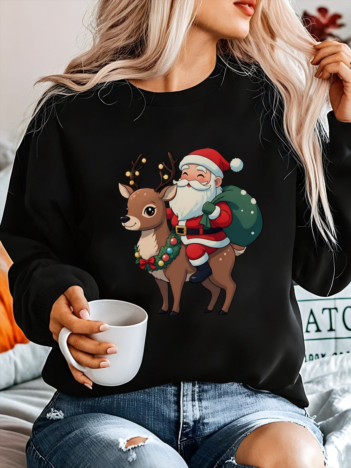 Ugly Christmas Sweater Reindeer Santa Fleece Crew Neck Tacky Holiday Jumper | Cosima
