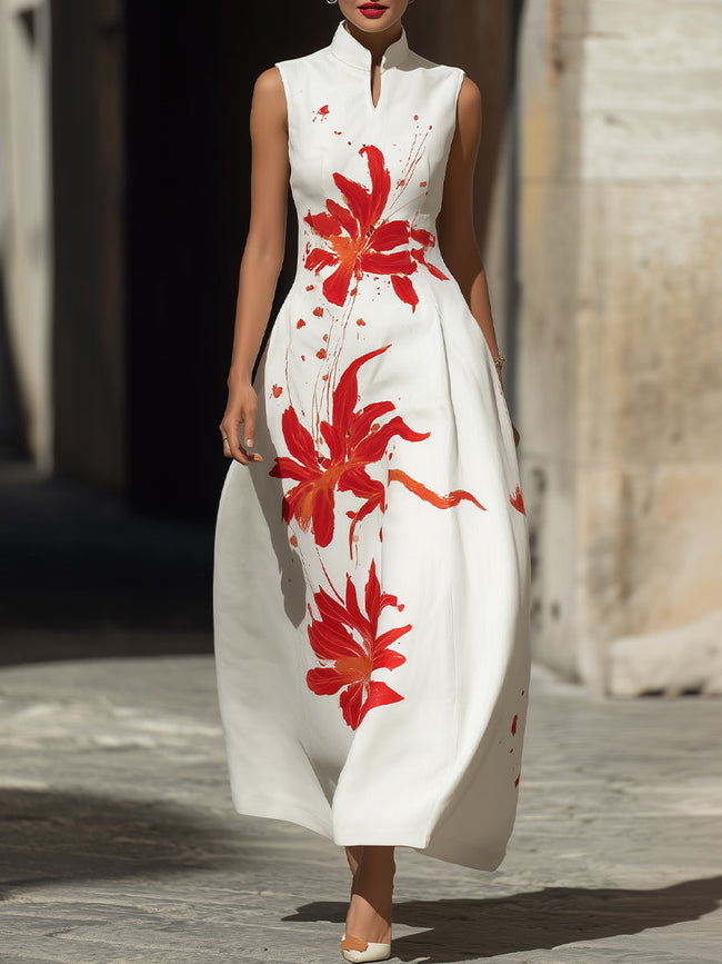FJØRNA modern mandarin collar floral maxi dress with red lily print, elegant design, and flowing fabric.