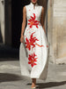 FJØRNA modern mandarin collar floral maxi dress with red lily print, elegant design, and flowing fabric.