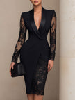 FJØRNA black blazer-style lace midi dress, elegant cocktail dress with tailored fit and intricate lace details.