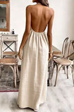 FJØRNA solid color loose halter neck backless casual maxi dress, perfect for weddings and relaxed summer occasions.