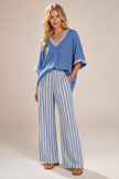 Two-Piece Set Women V-Neck Three-Quarter Sleeve Striped