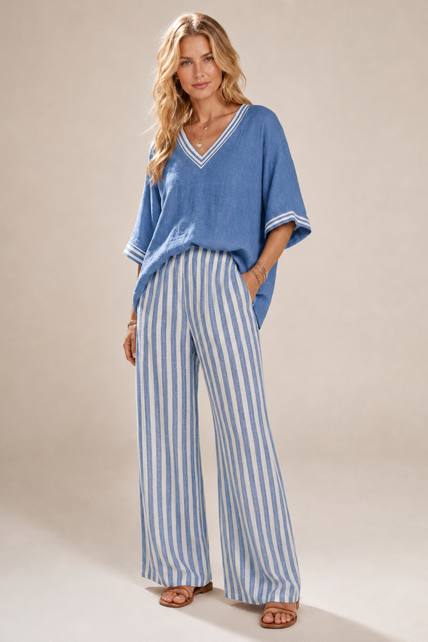 Two-Piece Set Women V-Neck Three-Quarter Sleeve Striped
