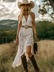 White lace maxi dress by FJØRNA, casual dress with delicate lace details, flowing silhouette, perfect for summer or special occasions.