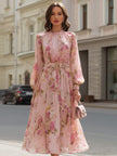 Pink blush floral chiffon A-line midi dress by FJØRNA with a flowy silhouette and delicate floral pattern, perfect for elegant occasions.