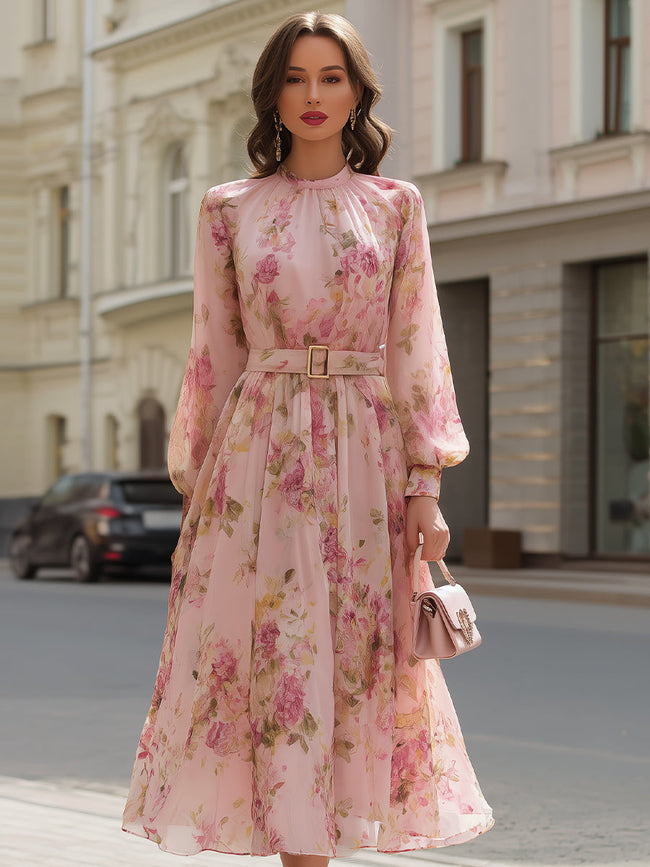 Pink blush floral chiffon A-line midi dress by FJØRNA with a flowy silhouette and delicate floral pattern, perfect for elegant occasions.
