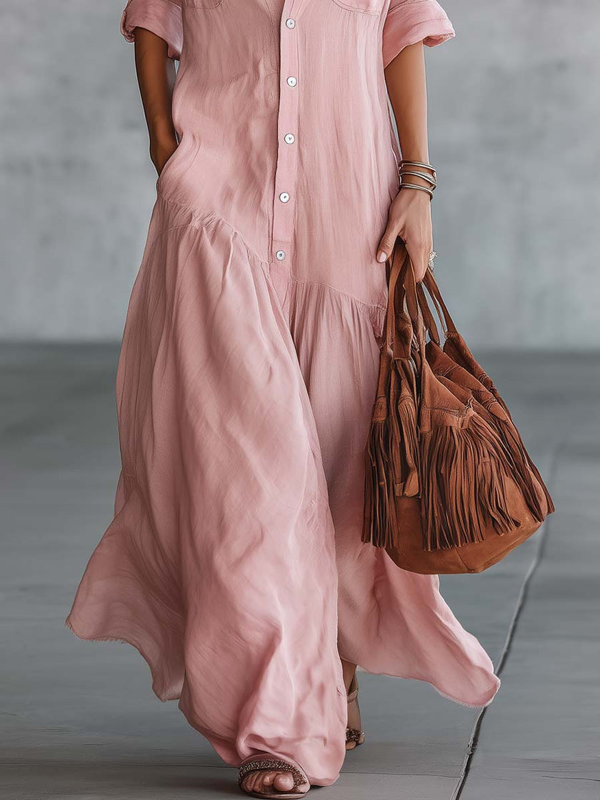 Pink linen V-neck maxi dress by FJØRNA featuring a flowing casual dress design with a relaxed fit.