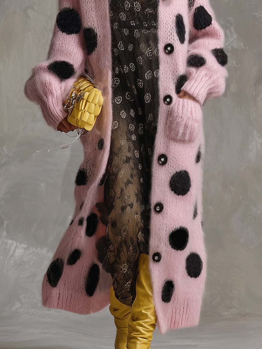 Pink Polka Dot Faux Rabbit Fur Knit Cardigan with Button Front for Women