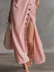 Pink lace V-neck midi dress by FJØRNA, featuring a fitted silhouette and elegant evening style with lace detailing.
