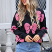 Bow Print Knit Sweater Women Crew Neck Relaxed Fit