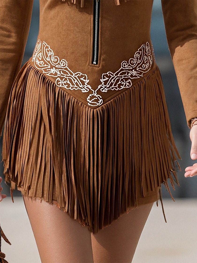 Red suede tassel mini dress by FJØRNA featuring casual style, tassel details, and a fitted silhouette.