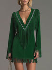 FJØRNA red faux suede tassel mini western dress featuring a casual style with fringe details and a fitted silhouette.
