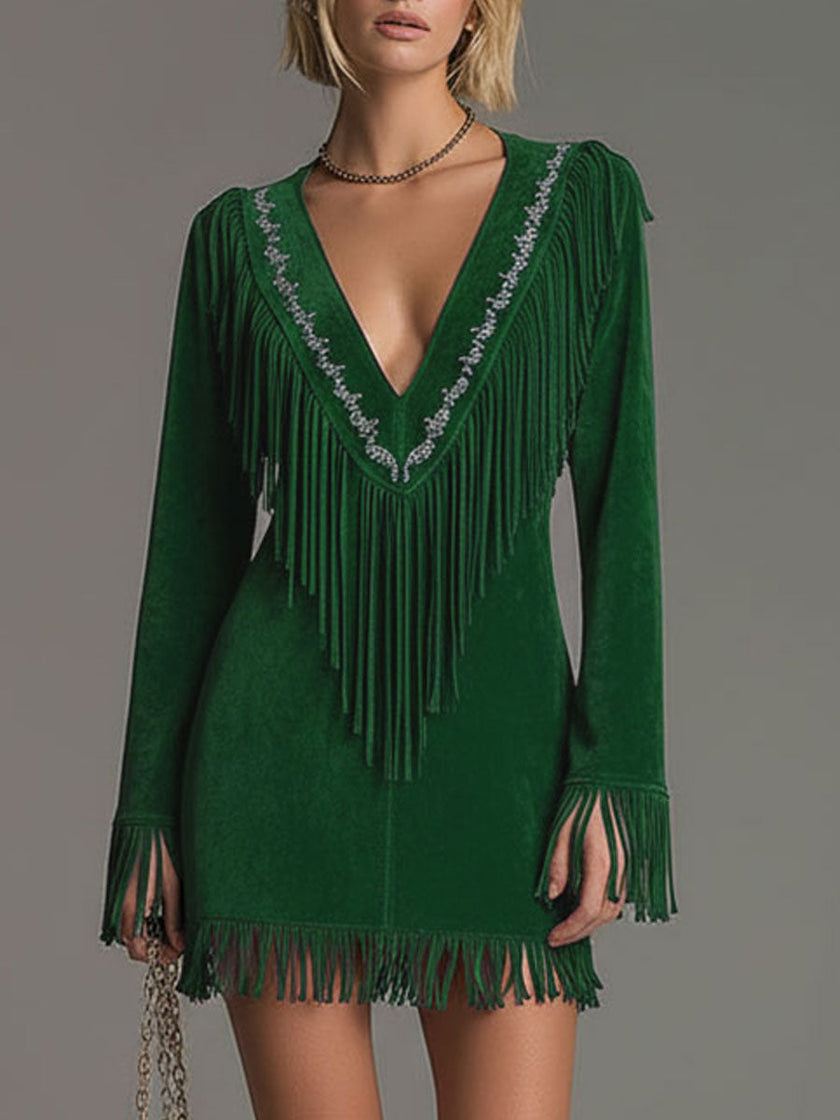 FJØRNA red faux suede tassel mini western dress featuring a casual style with fringe details and a fitted silhouette.