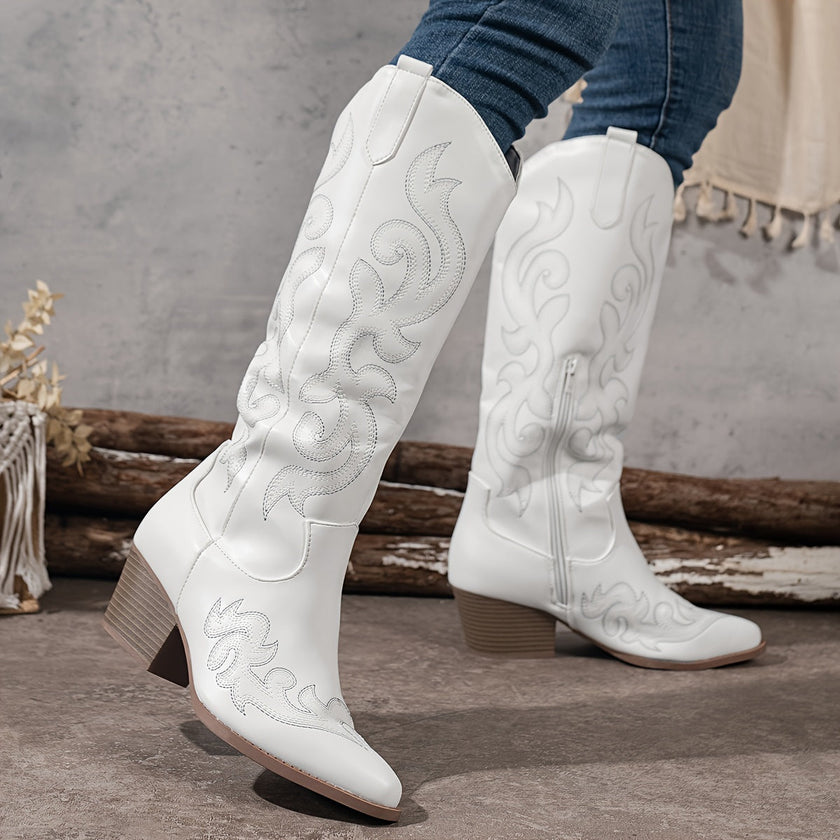 Cowboy Boots Embroidered Knee High Block Heel Pointed Toe Western Boots | Nanna