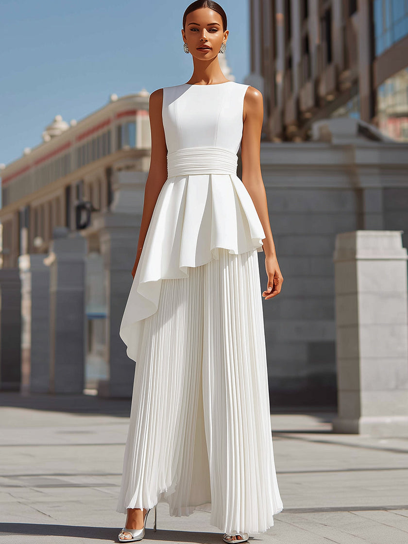 Sculpted Asymmetric Peplum & Pleated Maxi Gown In White – White Maxi D