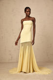 FJØRNA yellow off-shoulder sheer tulle maxi dress for women, elegant long dress with flowy fabric and off-shoulder design.