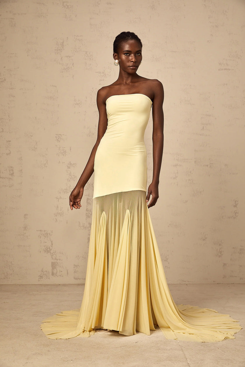 FJØRNA yellow off-shoulder sheer tulle maxi dress for women, elegant long dress with flowy fabric and off-shoulder design.