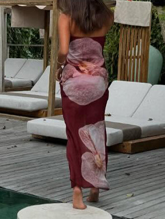 FJØRNA elegant Phalaenopsis print wrap maxi dress for women, featuring a summer floral design and flowing fabric.
