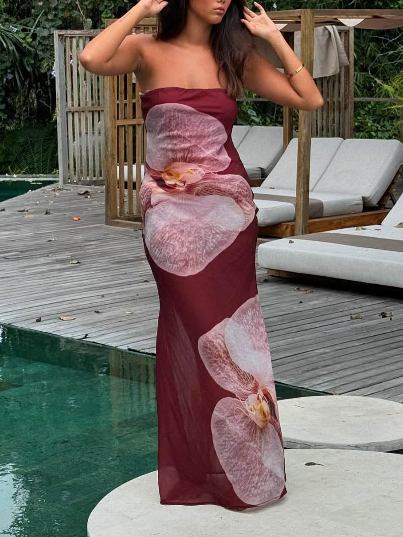 FJØRNA elegant Phalaenopsis print wrap maxi dress for women, summer dress with floral pattern and flowing design.
