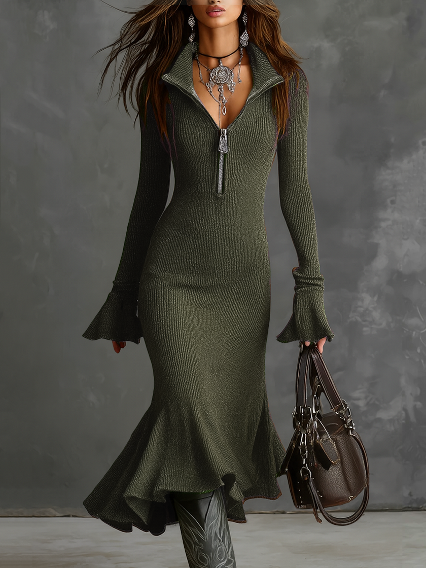 FJØRNA knit midi dress for women featuring a fitted silhouette, long sleeves, and a stylish, textured fabric design.