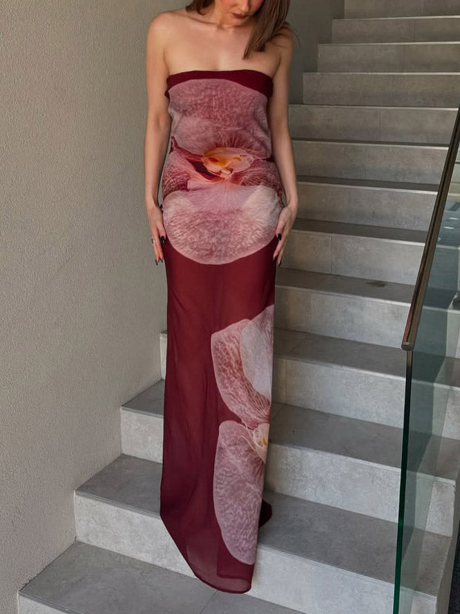 FJØRNA Elegant Phalaenopsis print wrap maxi dress for women, featuring a floral design perfect for summer wear.
