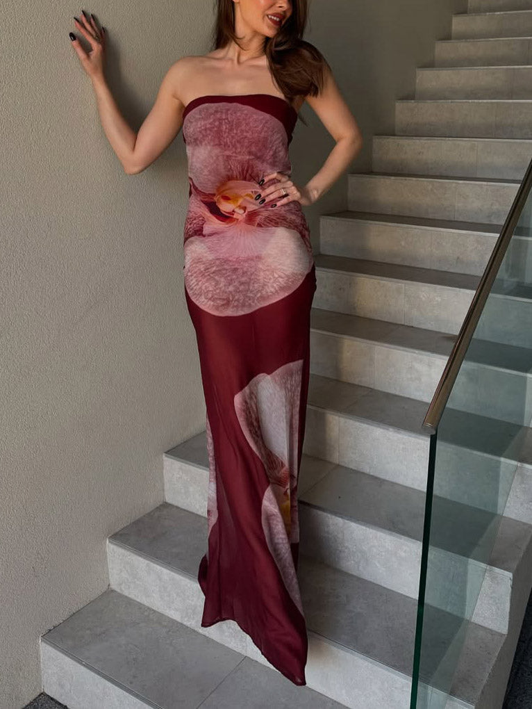 FJØRNA elegant Phalaenopsis print wrap maxi dress for women, summer style with floral pattern and flattering fit.