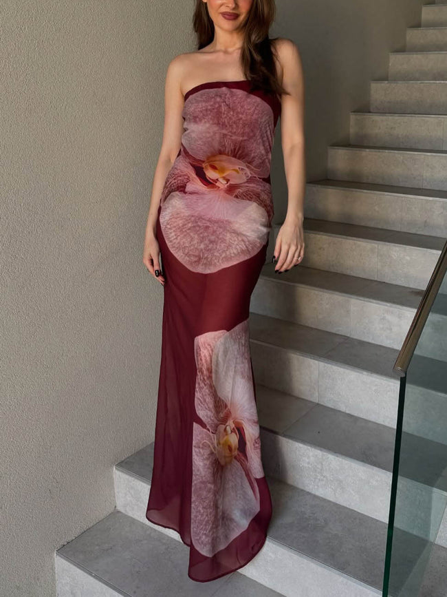 FJØRNA elegant Phalaenopsis print wrap maxi dress for women, summer style, featuring floral pattern and flowing fabric.